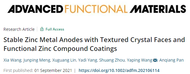 王亚平AFM：具有织构晶面和功能性锌化合物涂层的稳定锌金属负极