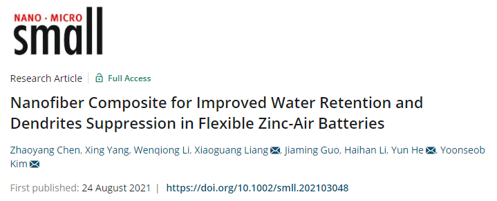 广西师大/港科大Small: 用于改善柔性锌空气电池保水性和枝晶抑制的纳米纤维复合材料