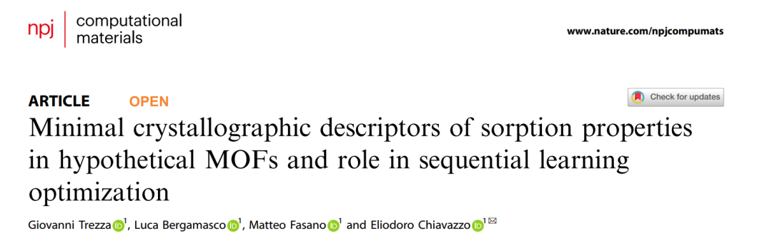 npj Comput. Mater.: MOF吸附特性描述符及其在顺序学习优化中的应用