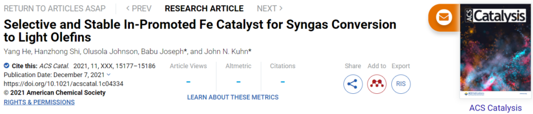 ACS Catal.：选择性和稳定的Fe催化剂催化合成气转化为轻烯烃