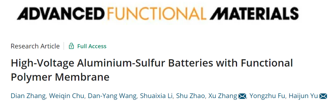 尉海军/张旭AFM: 基于功能性高分子膜保护实现的高压稳定铝硫电池