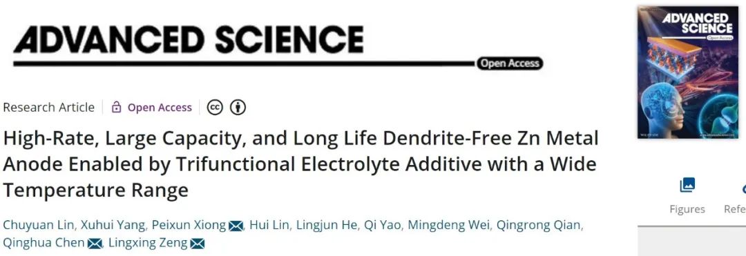 曾令兴/陈庆华/熊佩勋Adv. Sci.：三功能电解液添加剂实现高倍率大容量长寿命锌金属负极！