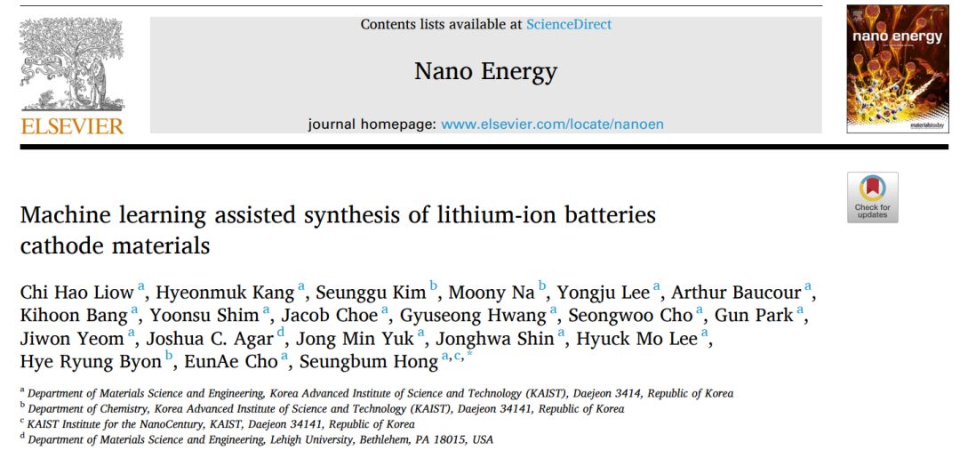 韩国科技院Nano Energy: 机器学习辅助合成锂离子电池正极材料