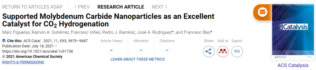 ACS Catalysis：探究负载型MoC纳米颗粒催化CO2加氢反应