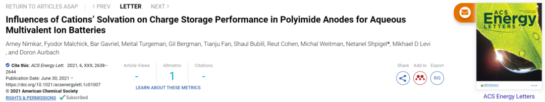 ACS Energy Lett.: 阳离子溶剂化对水性多价离子电池聚酰亚胺负极电荷存储性能的影响