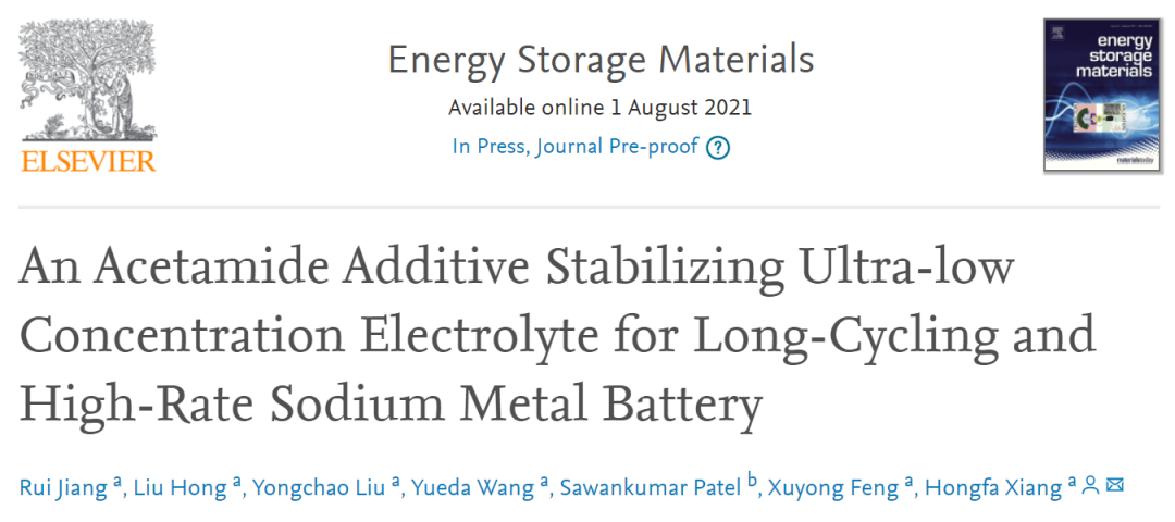 合工大项宏发EnSM: 基于乙酰胺添加剂的稳定、超低浓度电解液，用于长循环高倍率钠金属电池