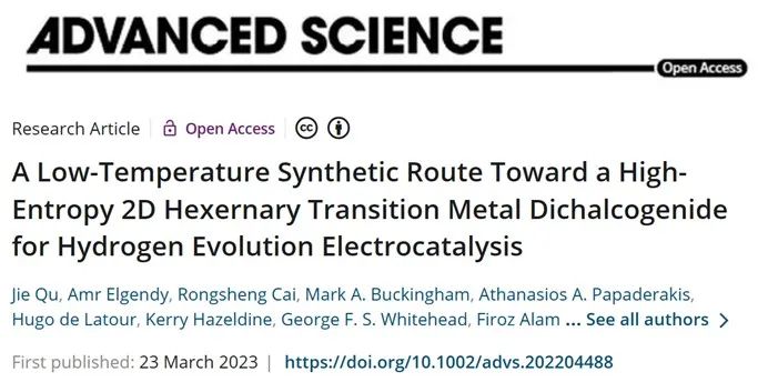 Adv. Sci.：用于析氢反应的高熵二维过渡金属二硫化物催化剂的低温合成路线