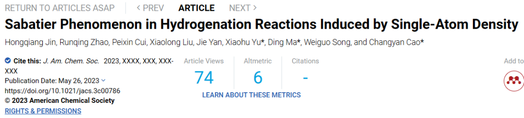 曹昌燕/马丁/于小虎JACS：加氢反应中单原子密度诱导的Sabatier现象