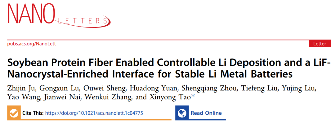 浙工大陶新永Nano Letters：稳定锂金属电池的基于大豆蛋白纤维的人工SEI