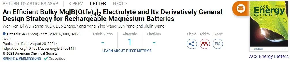 上交努丽燕娜ACS Energy Lett.：一种用于镁电池的新型Mg[B(Otfe)4]2镁盐