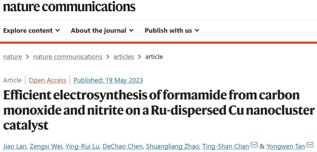 谭勇文/詹丁山Nature子刊：Ru1Cu SAA催化CO和亚硝酸盐高效合成甲酰胺