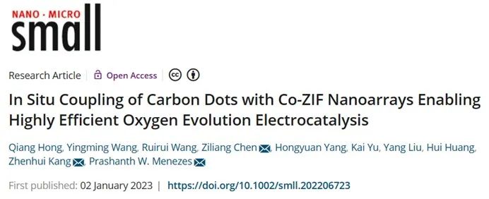 ​苏大/柏林工大Small：碳点与Co-ZIF纳米阵列原位耦合实现高效析氧