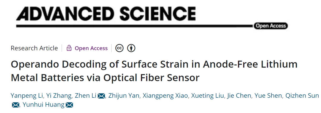 黄云辉/孙琪真/李真Adv. Sci.：光纤传感器解析无负极锂金属电池的容量衰减