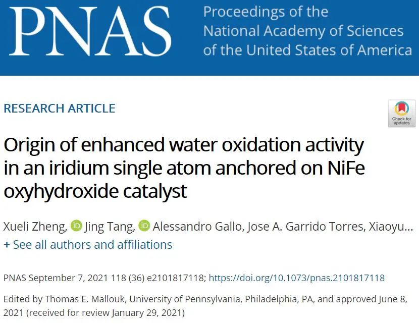 崔屹最新PNAS：稳定超100小时！锚定在NiFeOOH上Ir单原子催化剂