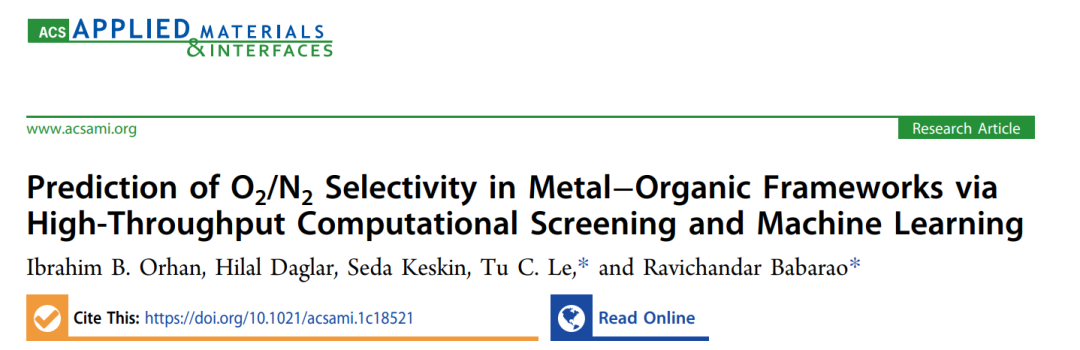 皇家墨尔本理工ACS AMI: 高通量计算+机器学习预测MOF中的O2/N2选择性