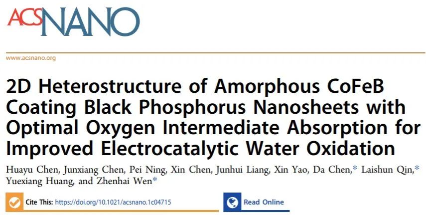 温珍海/秦来顺/陈达ACS Nano：2D无定形CoFeB涂覆黑磷纳米片异质结构用于OER