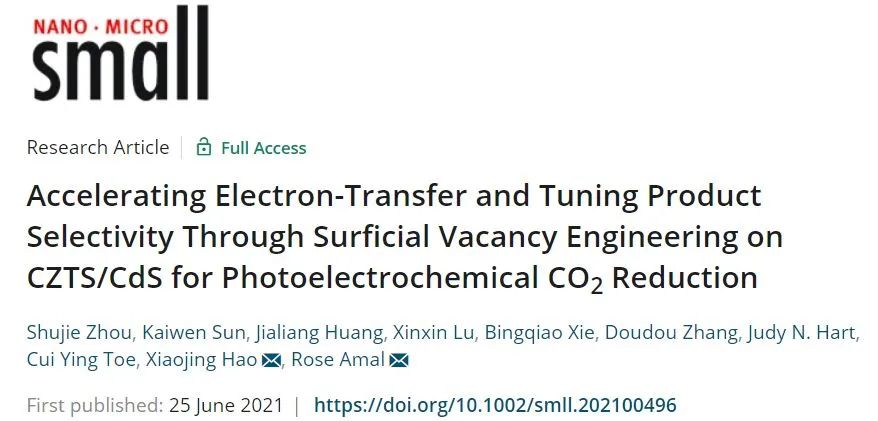 Small：CZTS/CdS表面缺陷工程加速电子传输和调控产物选择性