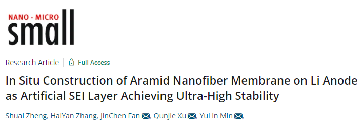 闵宇霖/徐群杰/范金辰Small：锂负极上原位构建人造SEI层实现超高稳定性