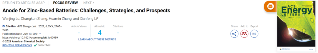 化物所李先锋ACS Energy Lett.: 锌基电池负极面临的挑战、策略和前景