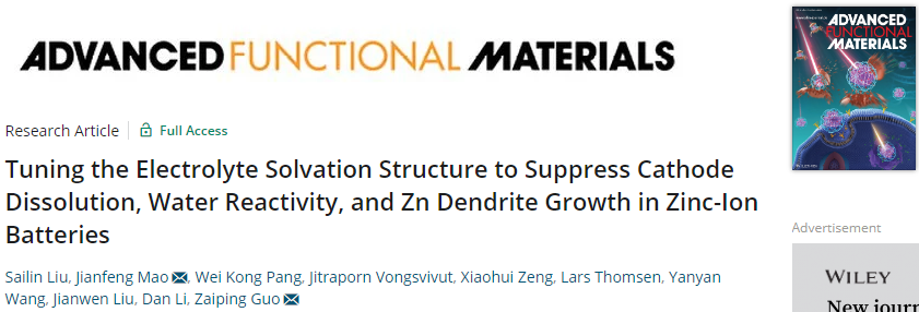 郭再萍等AFM：调整电解液溶剂化结构实现高性能锌离子电池