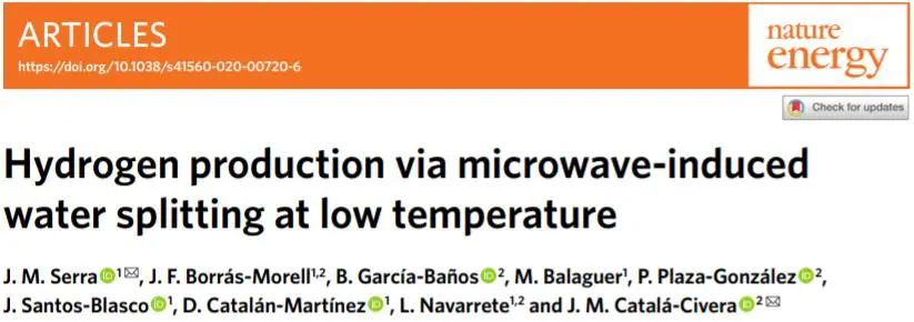 Nature Energy：低温！微波诱导水裂解制氢
