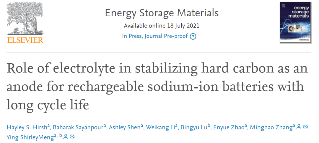 加大圣地亚哥分校EnSM: 电解质在稳定长循环寿命可充电钠离子电池硬碳负极中的作用