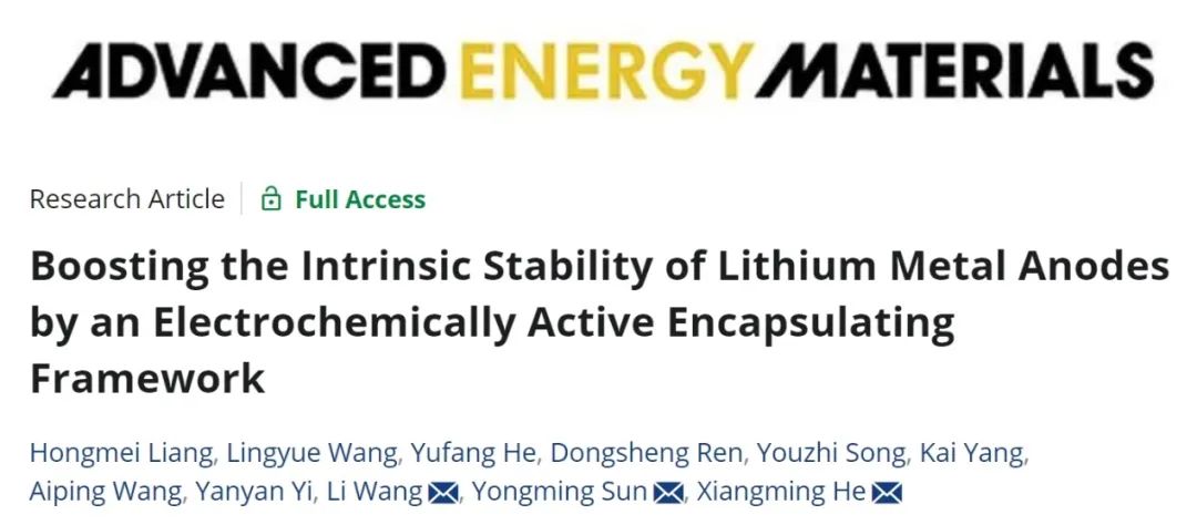 何向明/王莉/孙永明AEM：电化学活性胶囊框架提高锂金属负极的本征稳定性