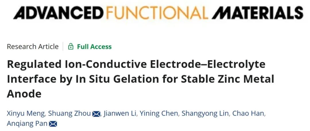 ​中南潘安强/周双AFM：通过原位凝胶化调节离子导电电极-电解质界面以获得稳定的锌金属负极