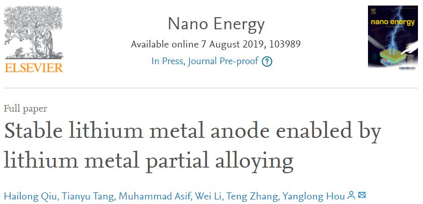 北京大学侯仰龙团队Nano Energy：锂金属部分合金化制备稳定锂金属负极