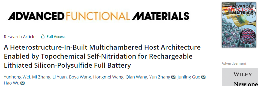 AFM：基于拓扑化学自氮化实现的异质结构用于可充锂化硅-多硫化物全电池