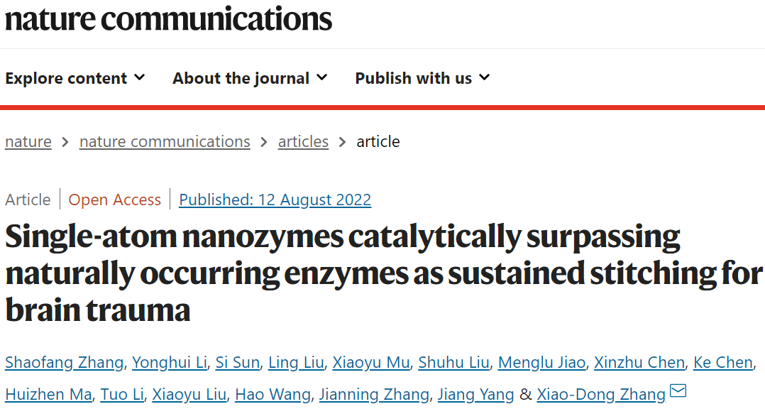 天大张晓东Nature子刊：超越天然酶！单原子纳米酶用于脑外伤的持续缝合