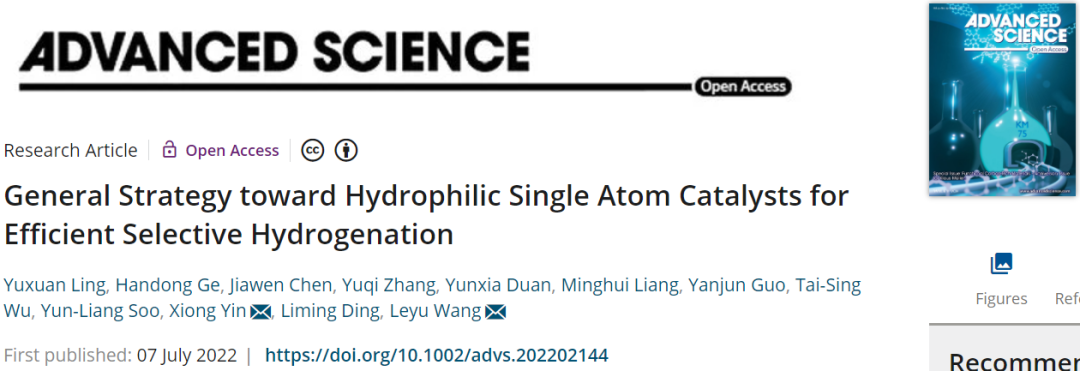 北化工汪乐余/殷雄Adv. Sci.：制备亲水SACs一般策略！助力高效选择性加氢