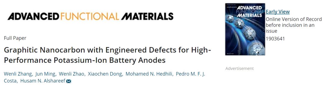 【电池】Adv. Funct. Mater. 氮掺杂、富缺陷纳米碳材料用于钾离子电池，表现超优异电化学性能