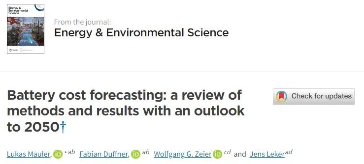 EES：电池成本预测：回顾方法和结果，展望2050年
