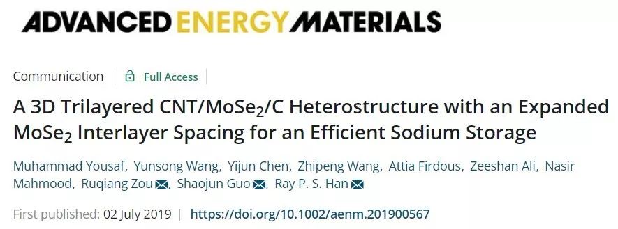 【钠电】北京大学AEM：三维CNT/MoSe2/C异质结构高效储钠