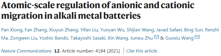 汪国秀/朱俊武Nat. Commun.：碱金属电池中阴阳离子迁移的原子尺度调节
