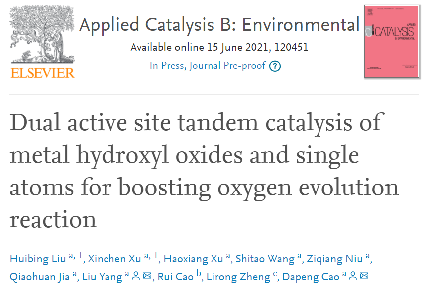 北化工Appl. Catal. B Environ.：串联催化！单原子与金属羟基氧化物助力OER