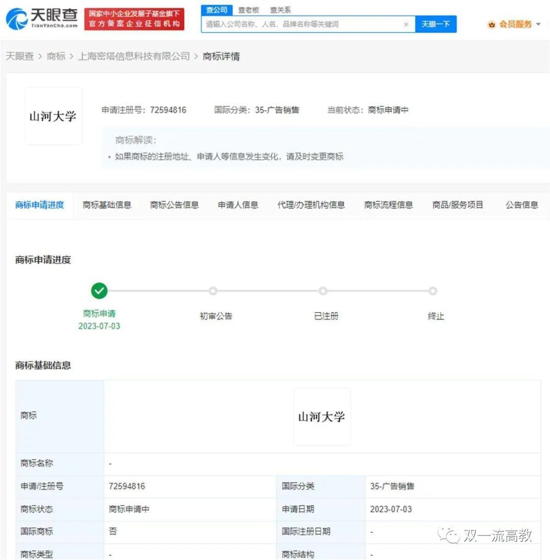 “山河大学”被抢注商标