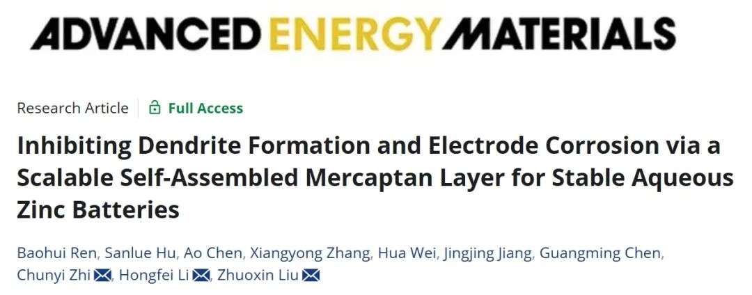 ​港城大支春义/深大刘卓鑫/南科大李洪飞AEM：通过可扩展的自组装硫醇层抑制枝晶形成和电极腐蚀实现稳定的水系锌电池