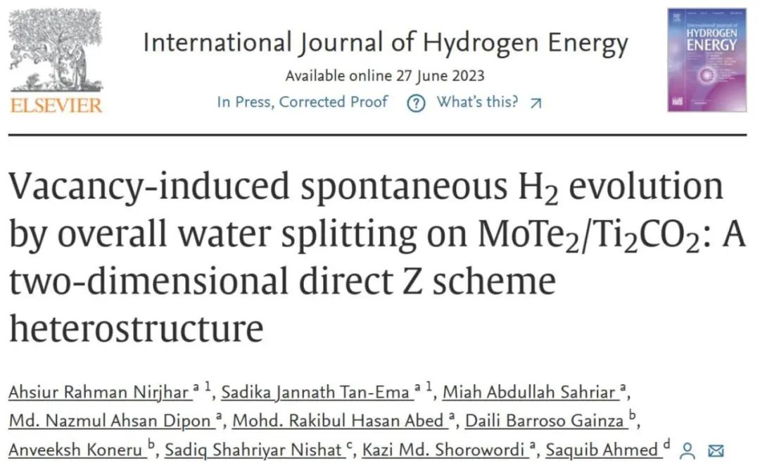 ​【纯计算】Int. J. Hydrogen Energy：Z型异质结MoTe2/Ti2CO2上空位诱发全解水的发生