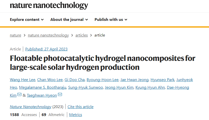 里程碑突破！Nature Nanotechnology：光催化产氢，实现大规模应用！