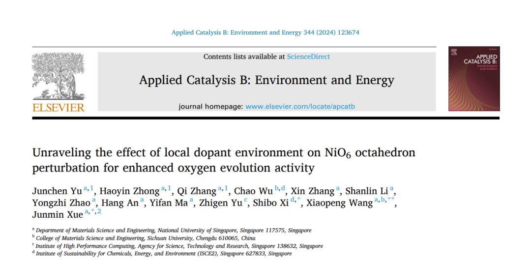 新加坡国立大学薛军民/王晓鹏/席识博Appl. Catal. B：解析局部掺杂环境对镍氧八面体的调控对电催化析氧活性的作用