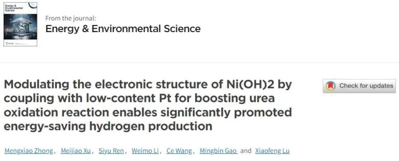 吉大/大化所EES：低含量Pt调节Ni(OH)2电子结构，促进尿素氧化以实现节能制氢