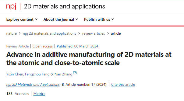 npj 2D Mater. Appl.：一文解读二维材料的增材制造现状！