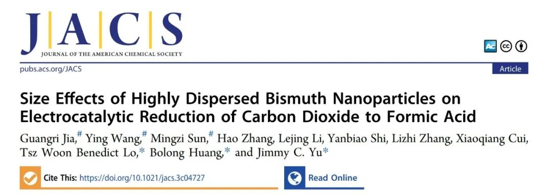 【DFT+实验】港中文Jimmy Yu课题组联合港理工黄渤龙与劳子恒 JACS：电催化二氧化碳还原中的高分散铋纳米颗粒的尺寸效应