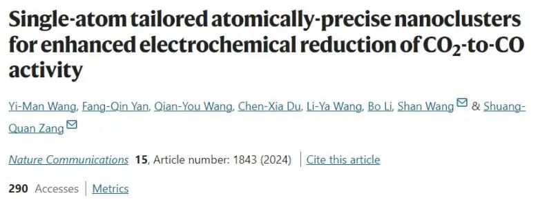 臧双全/王珊Nature子刊：单原子调控纳米团簇电子结构，增强CO2电还原为CO