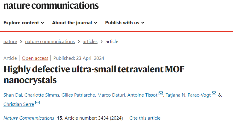 Nature子刊：超小、高缺陷四价MOF纳米晶！