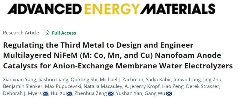 ​四单位联合AEM: 制备多层NiFeM纳米泡沫催化剂，显著提高AEMWE性能