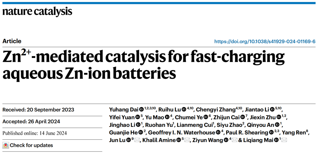 催化“跨界”电池！大佬强强联合，麦立强/王子运/陆俊等，重磅Nature Catalysis！