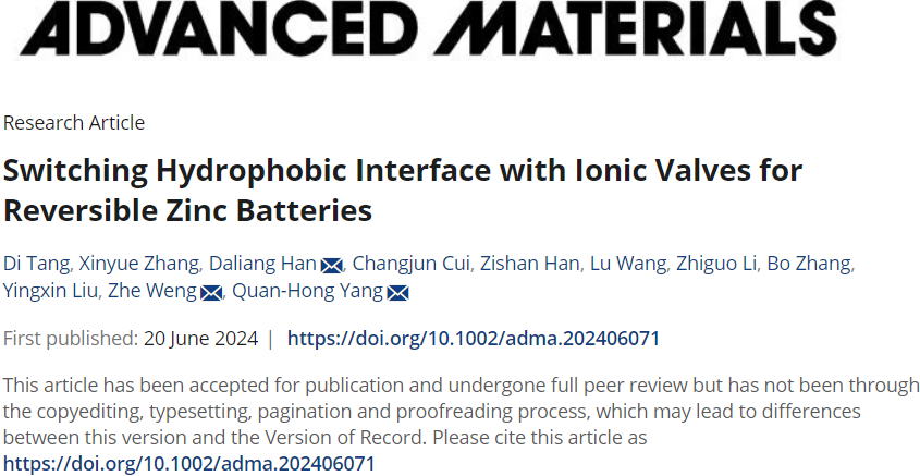 天津大学杨全红团队AM：可逆锌电池用离子阀切换疏水界面！